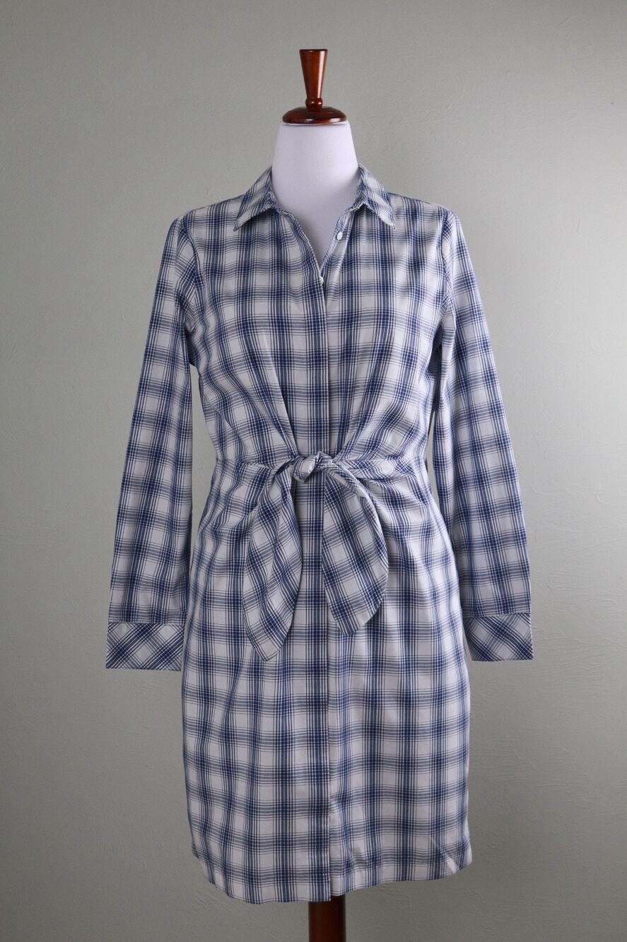 CALVIN KLEIN White Blue Plaid Bow Tie Front Pencil Shirt Dress Size 10